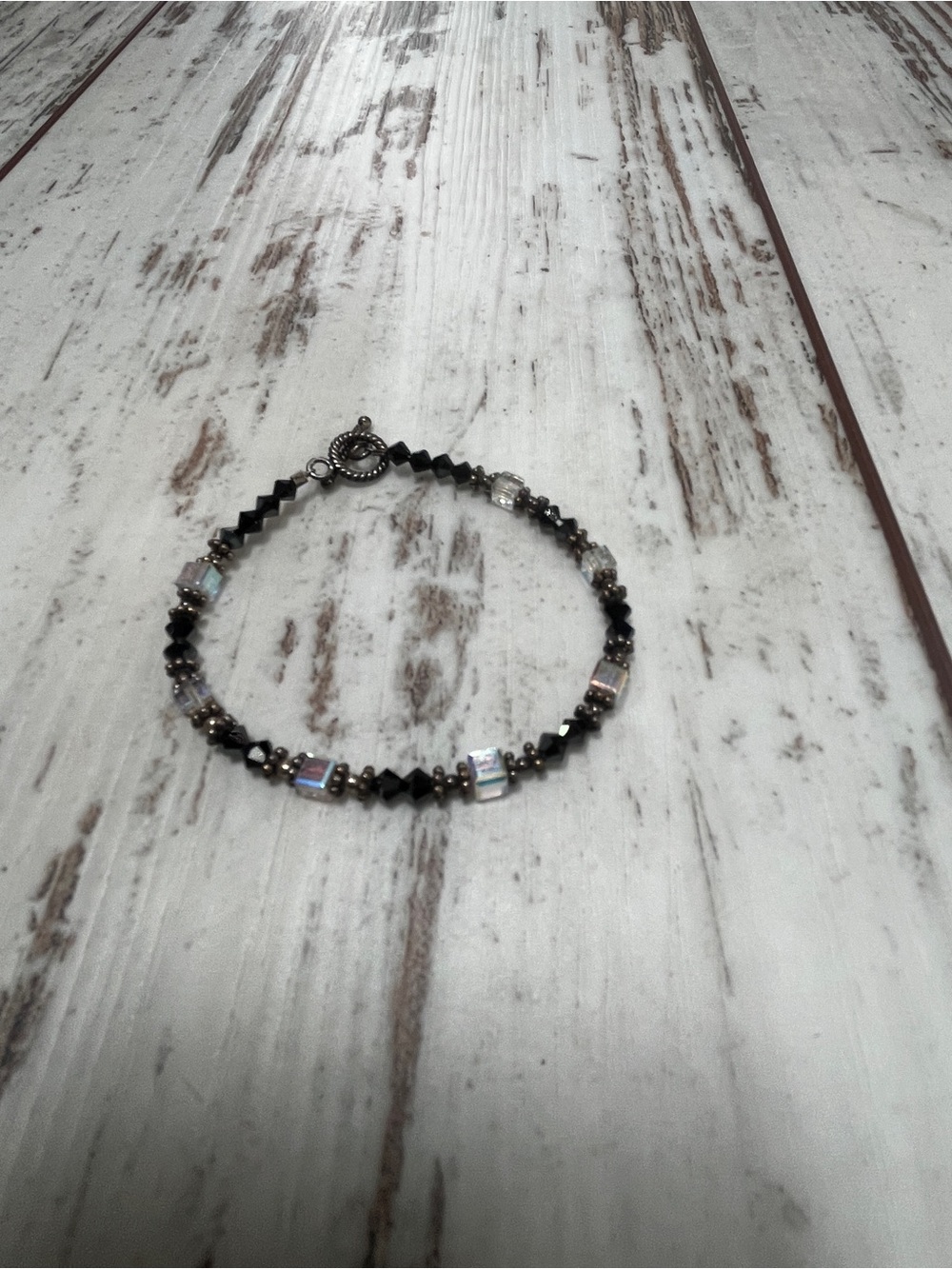 Vintage Black Faceted Crystal Iridescent Cube Beaded Toggle Bracelet 7.5"